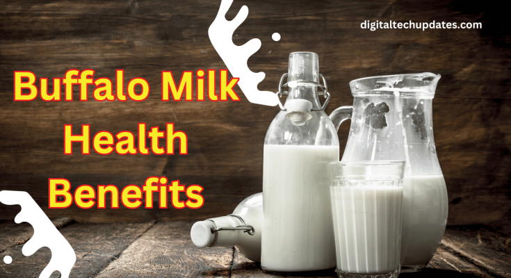 Buffalo milk in a glass with dairy products