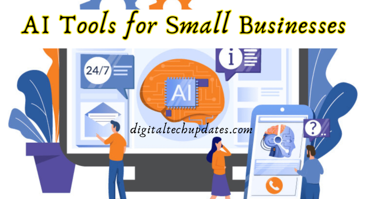 AI tools for small businesses concept featuring various digital applications on devices.