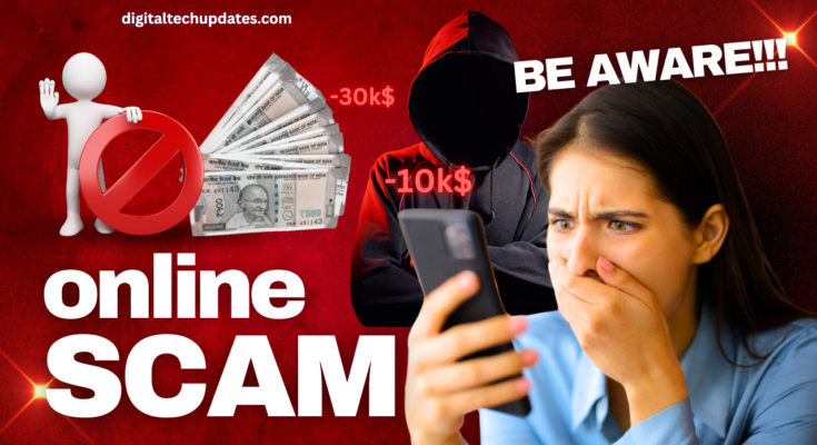 Cybersecurity warning concept showing digital threats and scams in 2025.