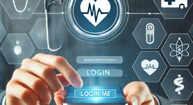 A person using the Elation Passport app on a smartphone, displaying a secure patient portal login screen with medical icons.