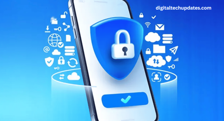 Secure mobile app with a shield icon representing data protection in the digital marketplace.