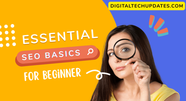 Illustration showing SEO basics with keywords, ranking, and analytics icons