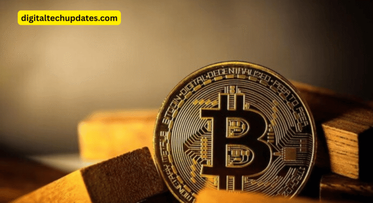 Riser Coin gold cryptocurrency token with upward arrow and price predictions text for 2025 on a blue background.