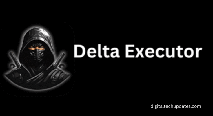 Illustration showing Delta Executor interface for Roblox with icons for Android, iOS, and Windows platforms