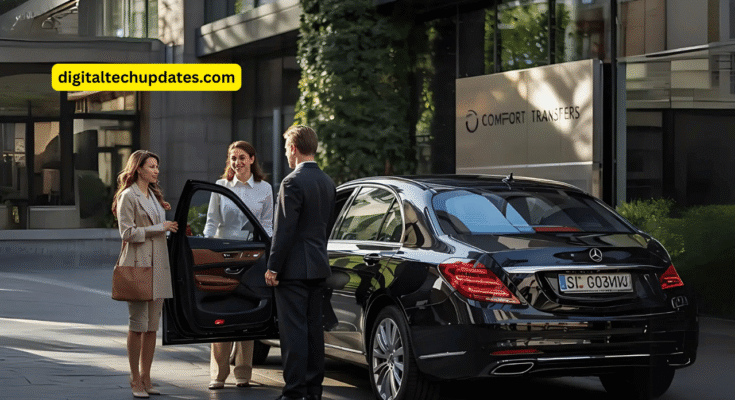 Luxury car with chauffeur picking up UK tourist at Swiss airport