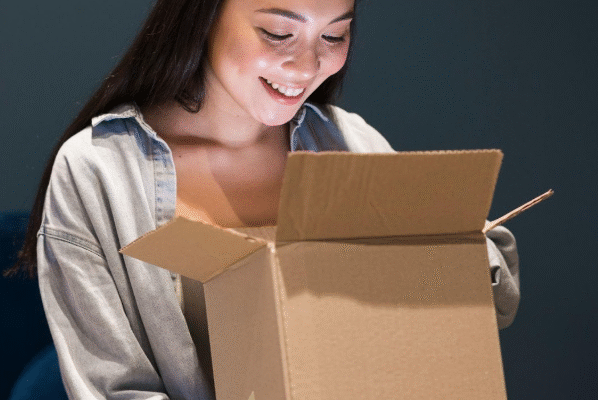 Happy shopper holding sale bag with brain dopamine effect illustration