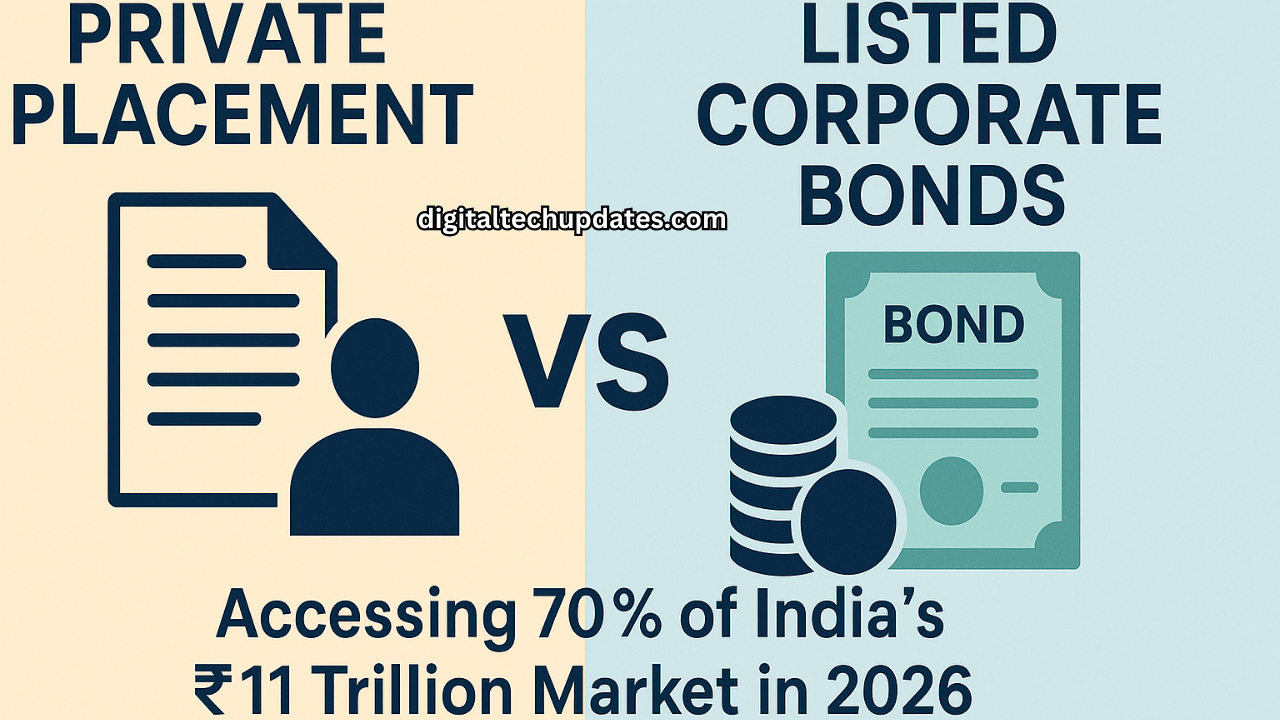 Infographic comparing Private Placement and Listed Corporate Bonds with visuals showing access to 70% of India’s ₹11 trillion market in 2026.