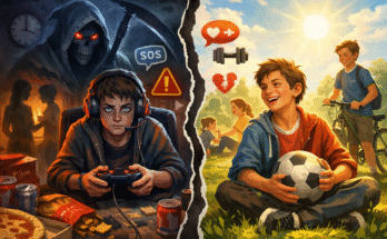 Illustration showing the dangers of online video game addiction and its impact on mental health, social life, and physical activity