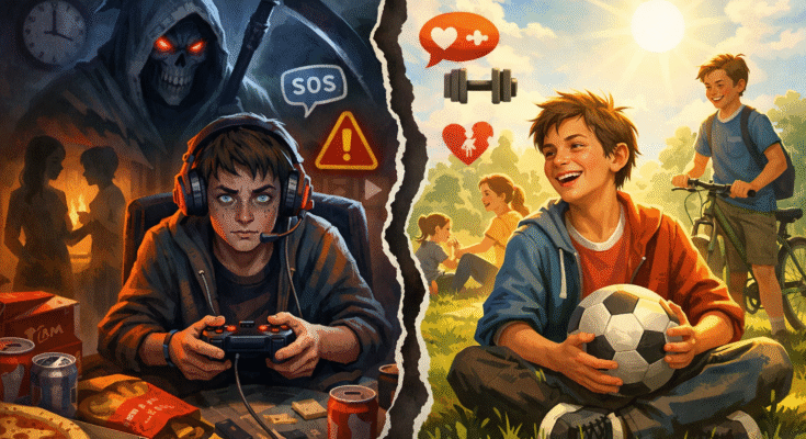 Illustration showing the dangers of online video game addiction and its impact on mental health, social life, and physical activity