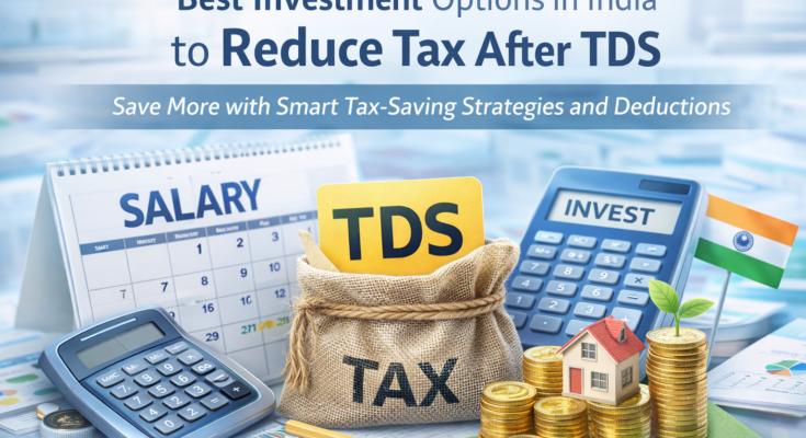 Best investment options in India to reduce tax after TDS on salary with calculator, TDS note, tax bag, coins, and financial planning concept