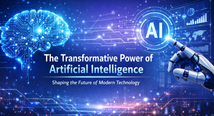 Artificial Intelligence transforming modern technology with digital brain and futuristic interface