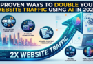 A digital infographic displaying 5 proven ways to double website traffic using AI in 2026. It features a large upward growth arrow and specific icons for AI keyword targeting, AI visual generation, scaled content production, social automation, and voice search optimization.