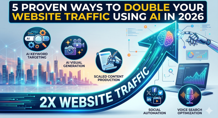 A digital infographic displaying 5 proven ways to double website traffic using AI in 2026. It features a large upward growth arrow and specific icons for AI keyword targeting, AI visual generation, scaled content production, social automation, and voice search optimization.