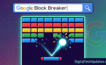 Google Block Breaker gameplay illustration showing a pixel-art paddle hitting a ball into colorful bricks under a Google search bar.