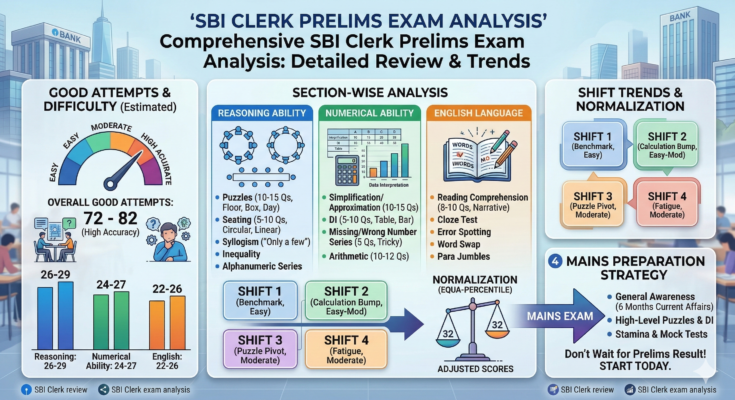 Detailed infographic summarizing the SBI Clerk Prelims Exam Analysis. It features a gauge for easy-to-moderate difficulty and good attempts (72-82), bar charts for section-wise attempts (Reasoning: 26-29, Numerical: 24-27, English: 22-26), a section-wise breakdown of topics and question counts for Reasoning, Numerical, and English, a comparison of Shifts 1-4 by difficulty and type, an illustration of normalization and adjusted scores, and a graphic for 'Mains Preparation Strategy' with a four-step guide. The title is 'SBI Clerk Prelims Exam Analysis: Detailed Review & Trends'.
