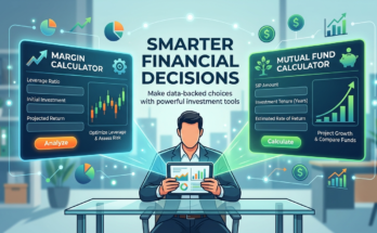 A professional illustration showing a person analyzing a tablet with two futuristic calculator screens floating above them. The left screen is a 