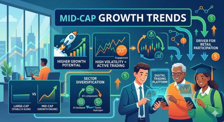 An infographic illustrating how 'MID-CAP GROWTH TRENDS' drive retail participation in digital trading. It visualizes three key drivers: 'HIGHER GROWTH POTENTIAL' (rocket icon), 'HIGH VOLATILITY = ACTIVE TRADING' (candlestick charts and engagement symbol), and 'SECTOR DIVERSIFICATION' (EV components, AI hardware, Green Hydrogen). A comparison box contrasts 'LARGE-CAP (STABLE & SLOW)' with 'MID-CAP (GROWTH ENGINE)'. A group of diverse investors actively use 'DIGITAL TRADING PLATFORM' interfaces on their smartphones.