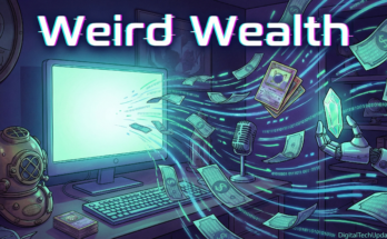 Weird Wealth illustration showing digital money flowing from a computer screen, surrounded by niche collectibles like trading cards, a vintage diving helmet, and a robotic hand.