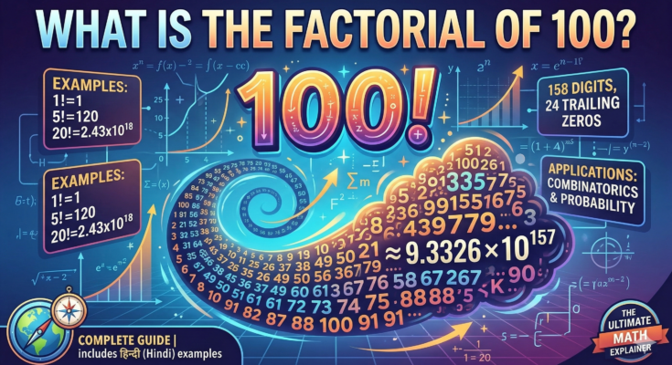 An educational math infographic explaining what the factorial of 100 is. It features the text 100!, its scientific notation value of approximately 9.3326 x 10^157, smaller factorial examples, and key facts like its 158-digit length and 24 trailing zeros.