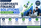 Corporate finance solutions for startups 2026 infographic showing funding, cash flow management, fintech tools, and investment strategies