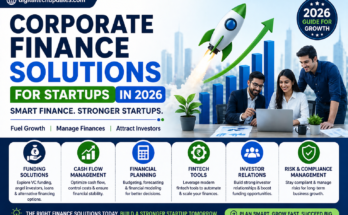 Corporate finance solutions for startups 2026 infographic showing funding, cash flow management, fintech tools, and investment strategies