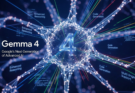 A futuristic digital illustration of Google's Gemma 4 AI. At the center is a translucent, glowing number 4 surrounded by a complex, illuminated neural network of nodes and lines. To the left, text reads 