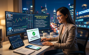 A smiling investor at her multi-monitor setup. On screen: 