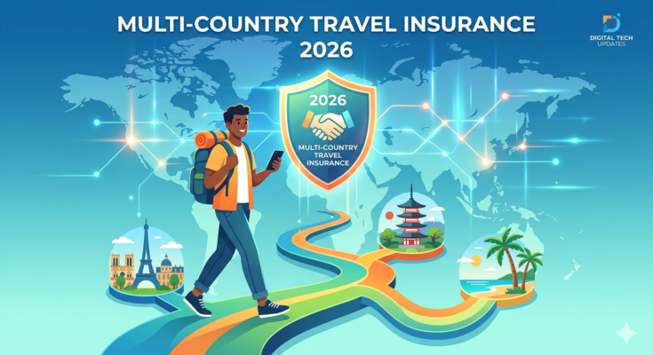 Multi country travel insurance 2026 with global destinations, passport, airplane and travel protection concept
