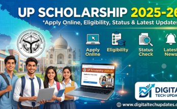 Infographic for UP Scholarship 2025-26 featuring students, eligibility icons, and the digitaltechupdates.com branding.
