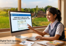 A happy Indian student checking UP Board Result 2025 on a computer screen with Digital Tech Updates branding.