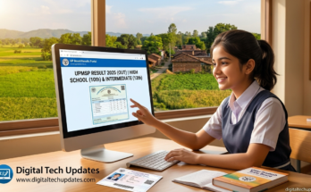 A happy Indian student checking UP Board Result 2025 on a computer screen with Digital Tech Updates branding.