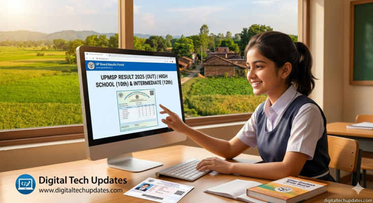 A happy Indian student checking UP Board Result 2025 on a computer screen with Digital Tech Updates branding.