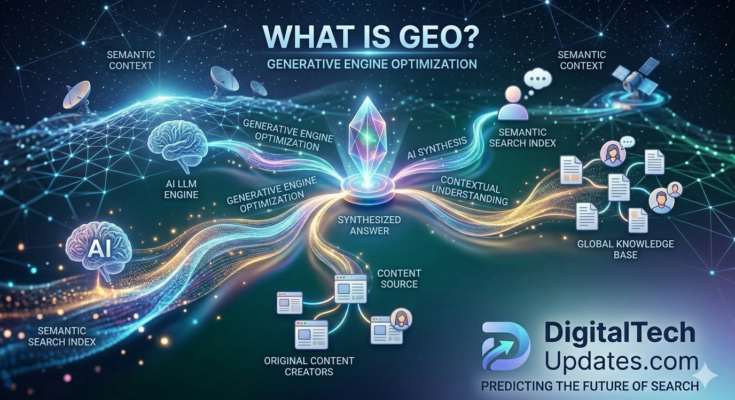 An advanced infographic for DigitalTechUpdates.com illustrating Generative Engine Optimization (GEO) in 2026, showing a central 
