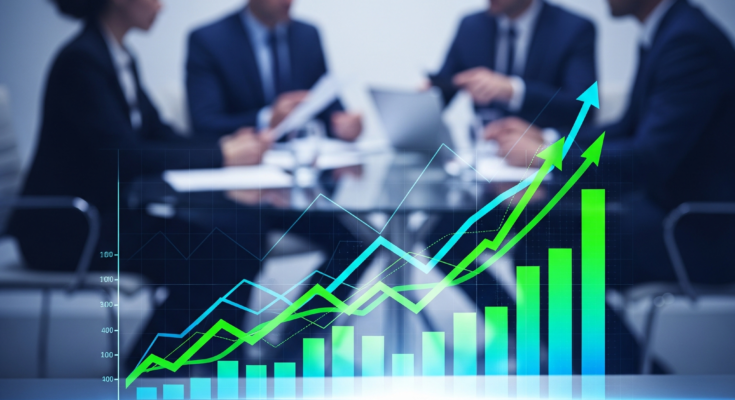 A digital financial growth chart and upward arrows overlaid on a modern corporate office setting representing business finance solutions.