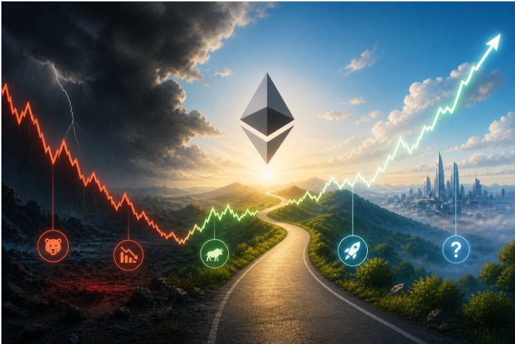 Ethereum coin with a glowing crypto trading chart illustrating historical price surges and market crashes