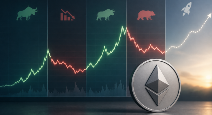 Ethereum cryptocurrency price chart showing bull runs, crashes, and future market trends
