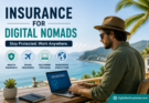Simple featured image showing insurance for digital nomads with laptop, passport, travel icons, and tropical workspace background.