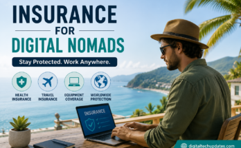Simple featured image showing insurance for digital nomads with laptop, passport, travel icons, and tropical workspace background.