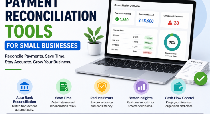Payment reconciliation tools for small businesses infographic showing automation, error reduction, and cash flow management