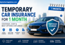 Temporary car insurance for 1 month featured image showing a blue car, insurance shield, and short-term coverage benefits with DigitalTechUpdates branding.