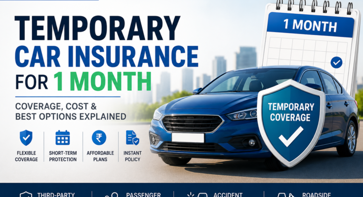 Temporary car insurance for 1 month featured image showing a blue car, insurance shield, and short-term coverage benefits with DigitalTechUpdates branding.