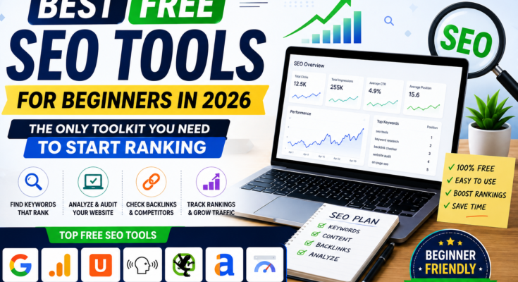 Best Free SEO Tools for Beginners in 2026 featuring keyword research, website audit, backlink analysis, rank tracking, and Google SEO tools.