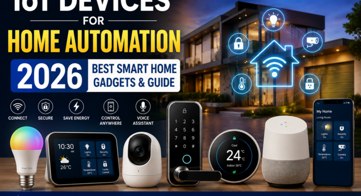 IoT Devices for Home Automation 2026 featuring smart lights, smart lock, security camera, thermostat, and voice assistant in a connected smart home.
