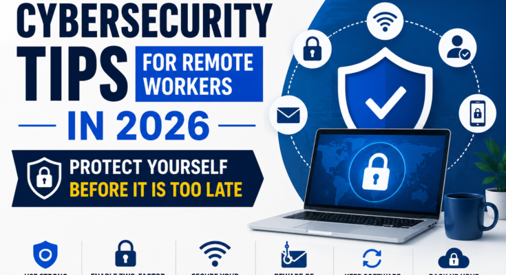 Cybersecurity Tips for Remote Workers in 2026 featuring secure remote work, laptop security, VPN, phishing protection, strong passwords, and two-factor authentication.