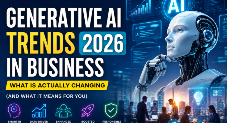 Generative AI Trends in Business 2026 featured image showing an AI robot, business professionals, and futuristic digital technology with automation, analytics, and AI innovation.