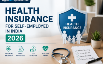 Health Insurance for Self-Employed in India 2026 featuring health coverage, tax benefits, financial protection, and insurance plans for freelancers and business owners.