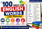 100 daily use English words with meaning infographic for beginners featuring vocabulary words, meanings, and spoken English learning tips