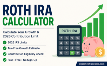Roth IRA Calculator 2026 showing tax-free retirement growth, contribution limit calculator, calculator icon, savings piggy bank, and investment growth chart.