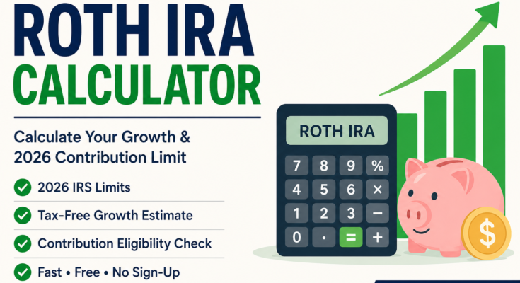 Roth IRA Calculator 2026 showing tax-free retirement growth, contribution limit calculator, calculator icon, savings piggy bank, and investment growth chart.