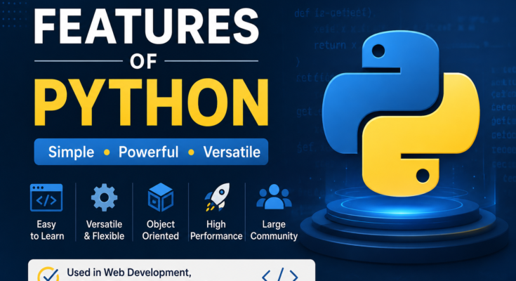 Features of Python infographic showing Python logo and key features like simplicity, versatility, object-oriented programming, and large community